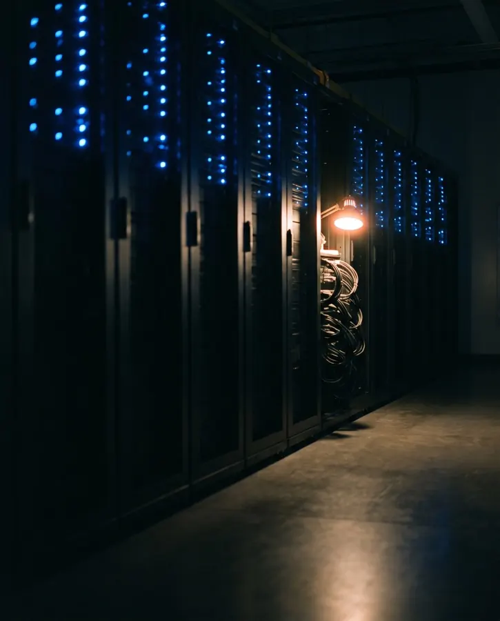 Una fila di armadi rack in una sala server, con le spie blu accese