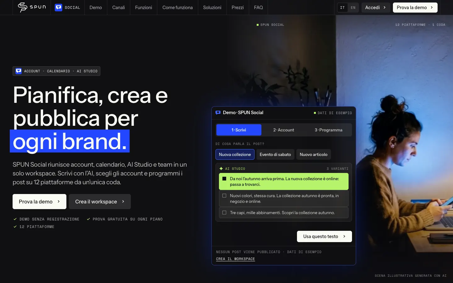 La prima pagina del sito di SPUN Social