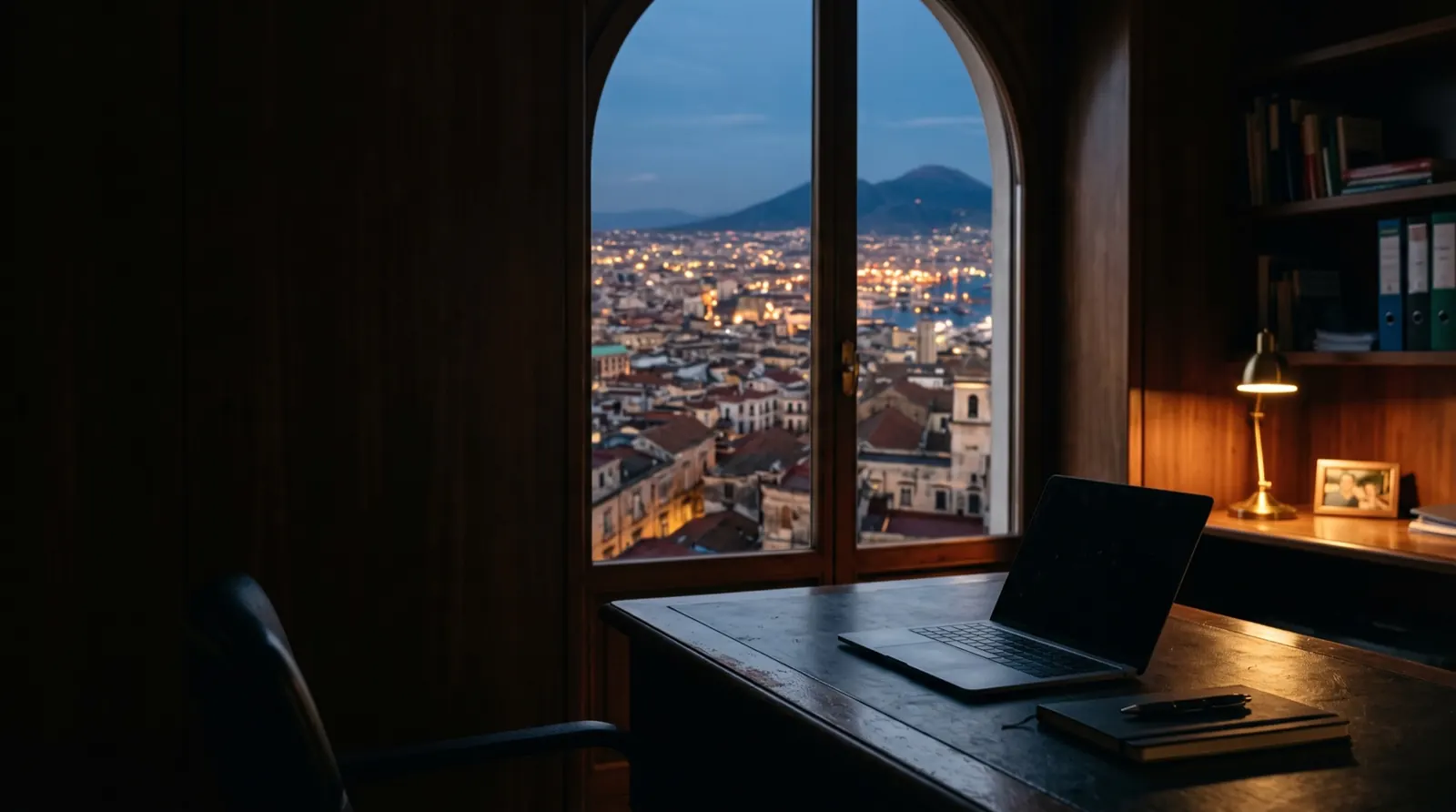 Una scrivania con un portatile davanti a una finestra ad arco sul golfo di Napoli e il Vesuvio, di sera